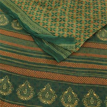 Sanskriti Vintage Sarees Green/Orange Kantha Printed Pure Cotton Sari 5yd Fabric