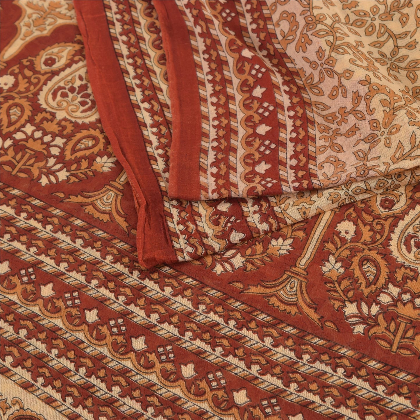 Sanskriti Vintage Sarees Peach/Red Pure Cotton Printed Sari 5yd Craft Fabric