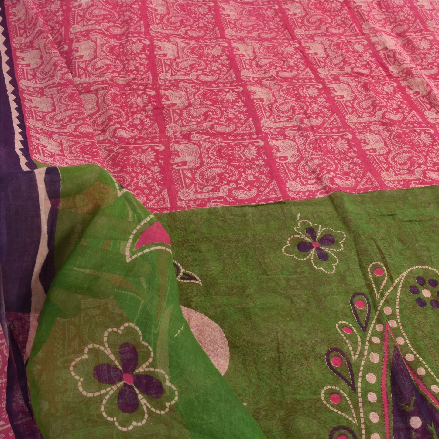 Sanskriti Vintage Sarees Pink Pure Cotton Peacock Printed Sari 5yd Craft Fabric