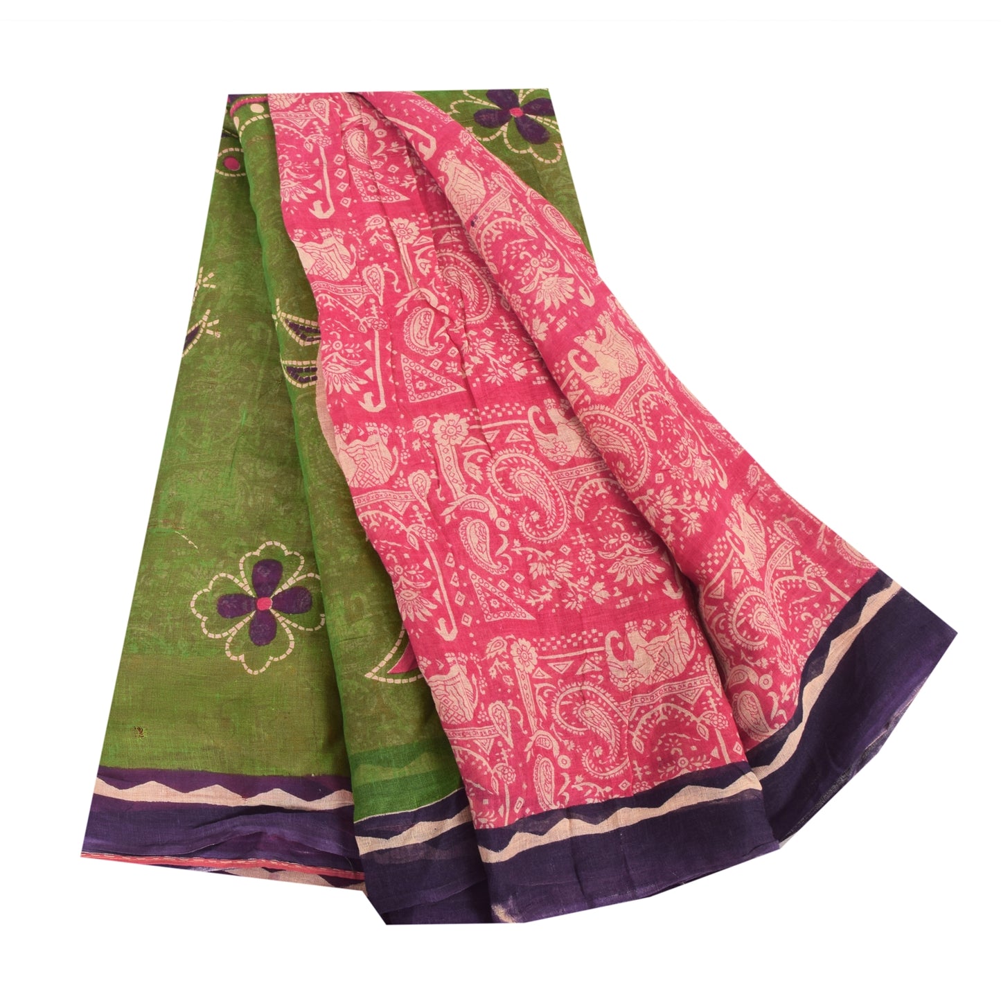 Sanskriti Vintage Sarees Pink Pure Cotton Peacock Printed Sari 5yd Craft Fabric