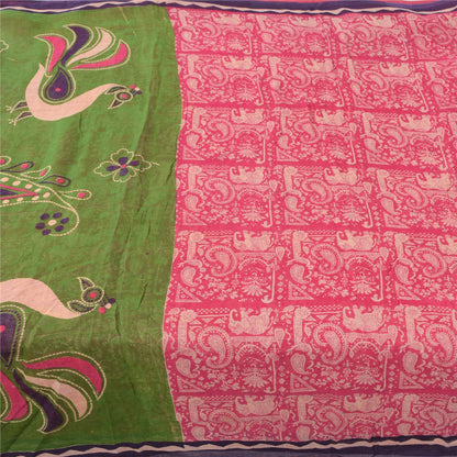 Sanskriti Vintage Sarees Pink Pure Cotton Peacock Printed Sari 5yd Craft Fabric