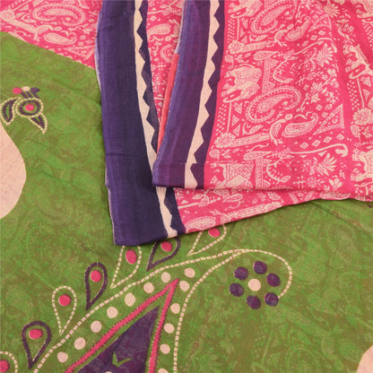 Sanskriti Vintage Sarees Pink Pure Cotton Peacock Printed Sari 5yd Craft Fabric