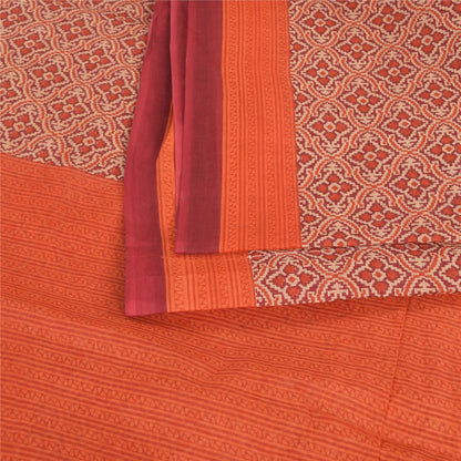 Sanskriti Vintage Sarees Red/Orange Pure Cotton Printed Sari 5yd Craft Fabric