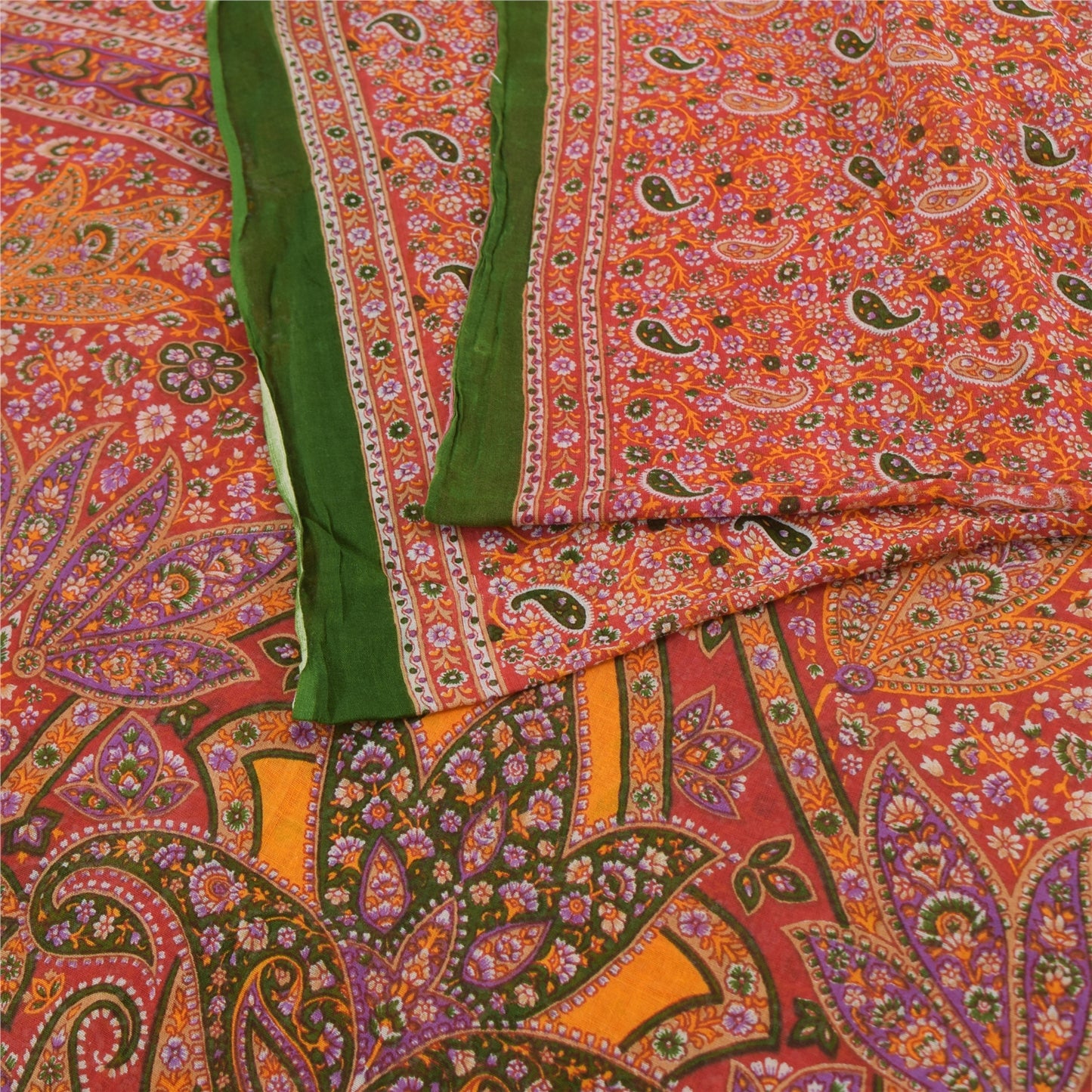 Sanskriti Vintage Sarees Indian Orange Pure Cotton Printed Sari 5yd Craft Fabric