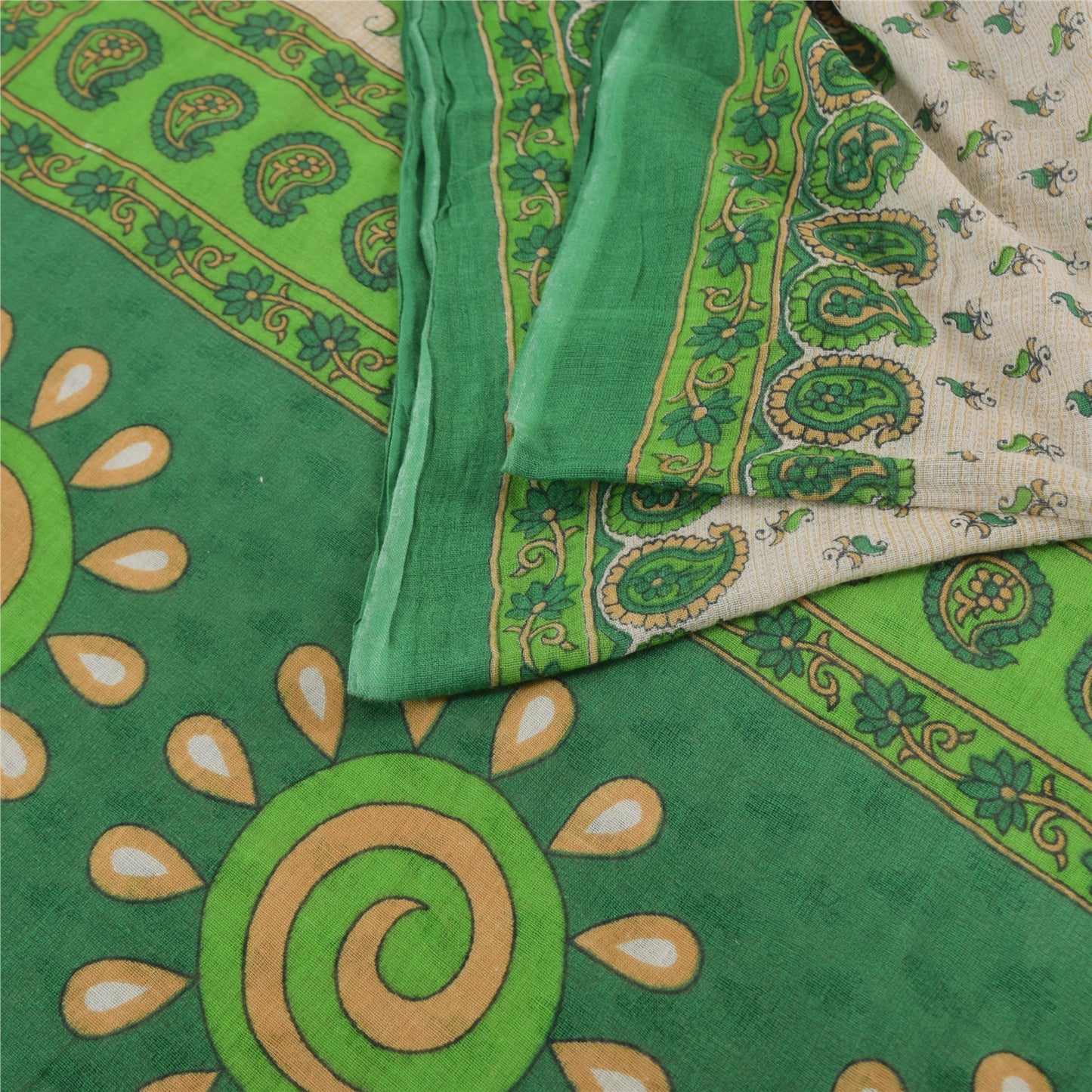 Sanskriti Vintage Sarees Ivory/Green Pure Cotton Printed Sari 5yd Craft Fabric