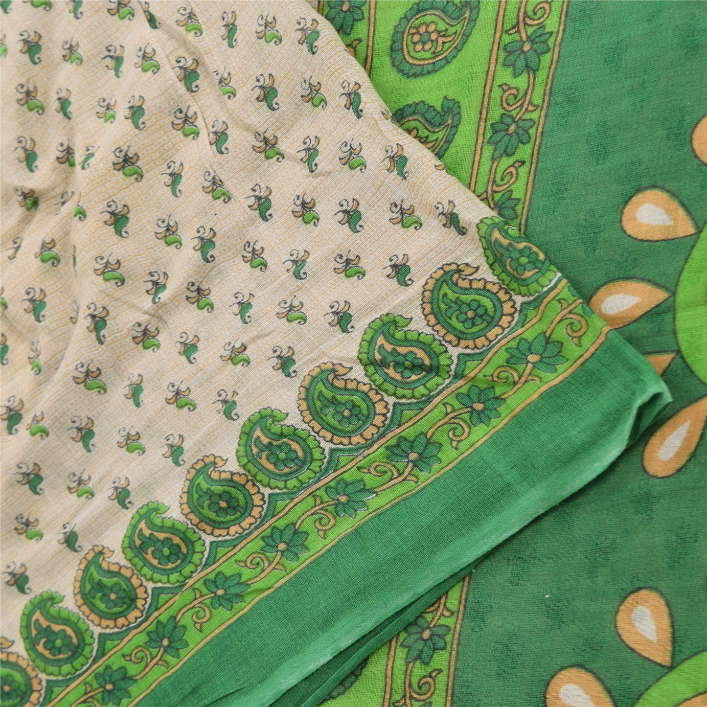 Sanskriti Vintage Sarees Ivory/Green Pure Cotton Printed Sari 5yd Craft Fabric