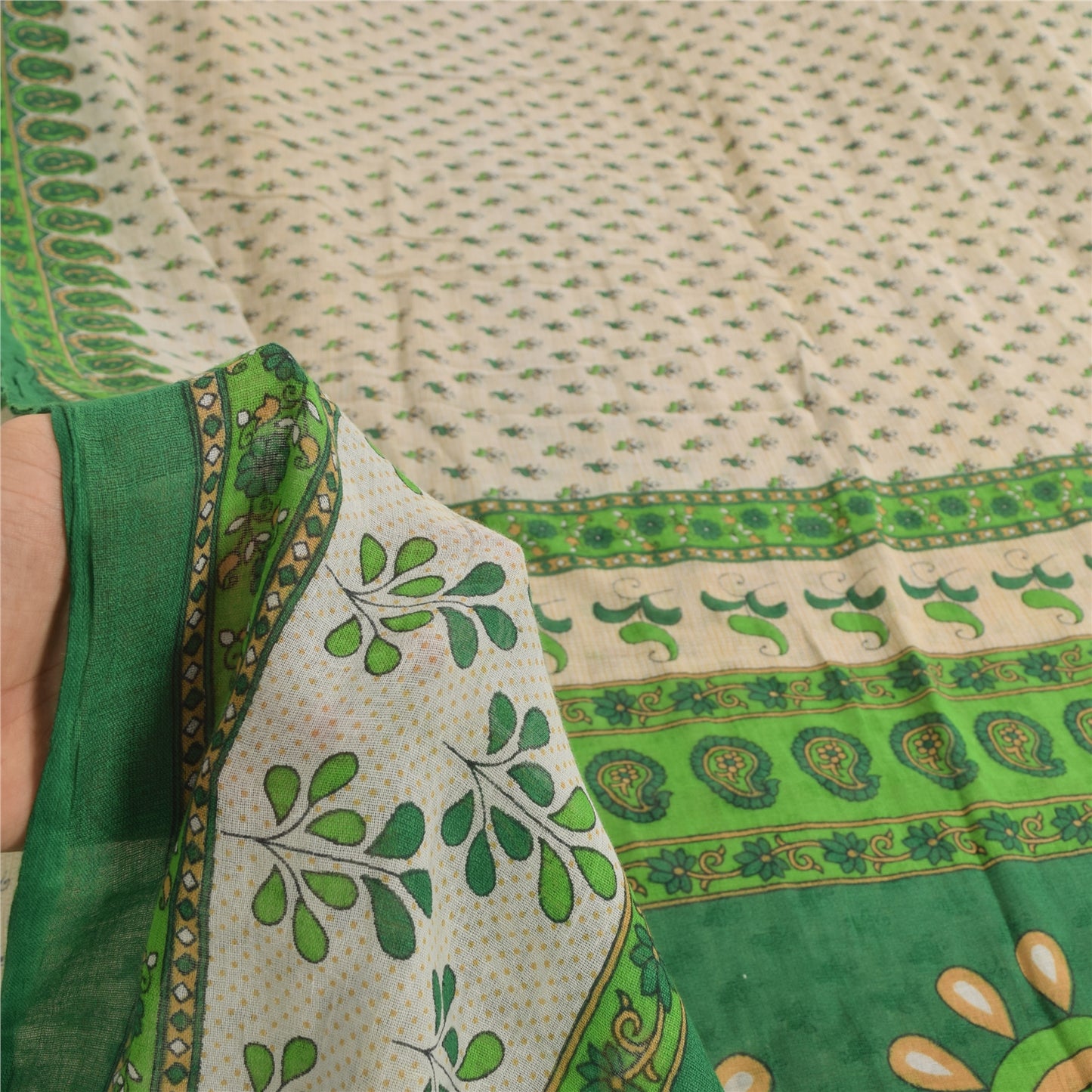 Sanskriti Vintage Sarees Ivory/Green Pure Cotton Printed Sari 5yd Craft Fabric