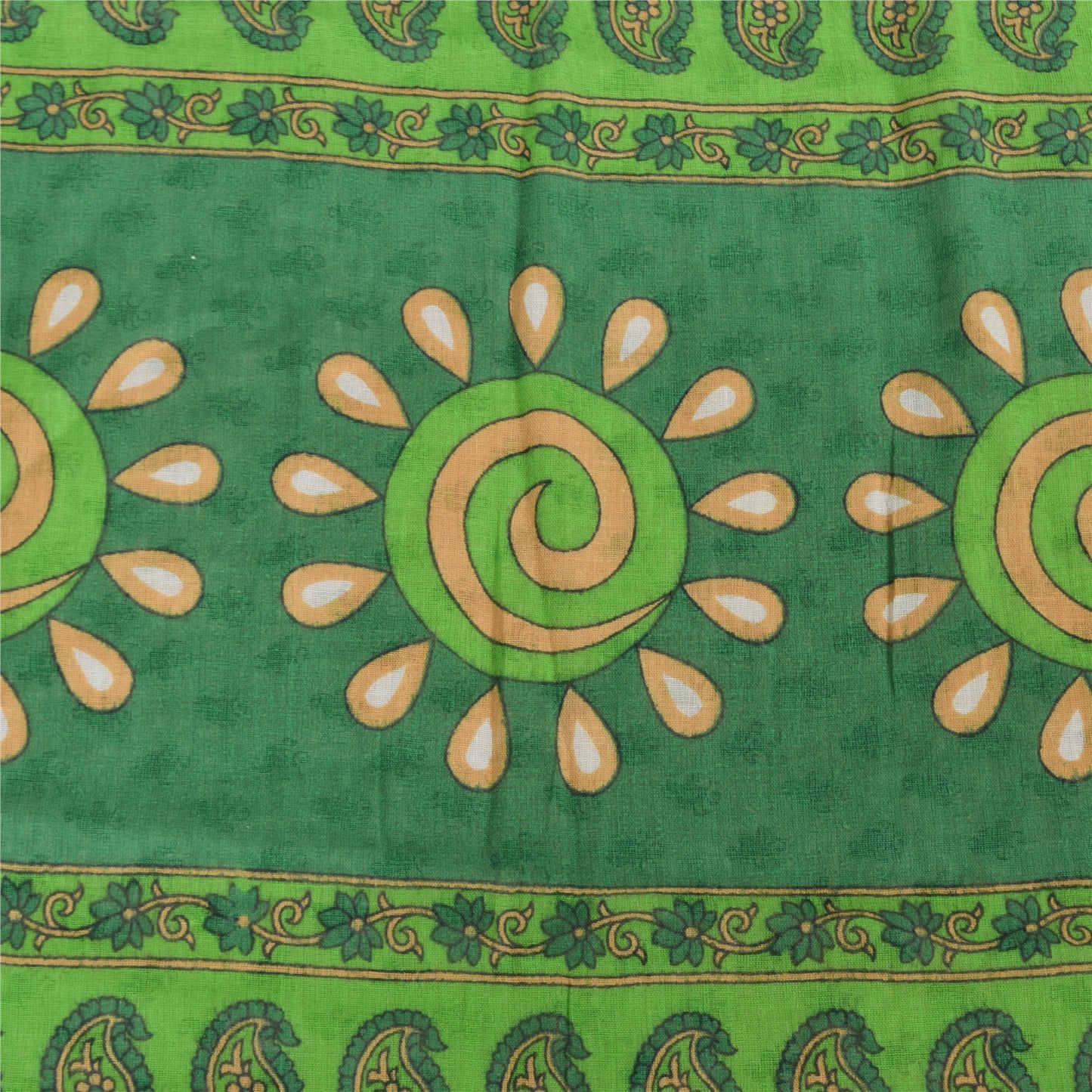 Sanskriti Vintage Sarees Ivory/Green Pure Cotton Printed Sari 5yd Craft Fabric