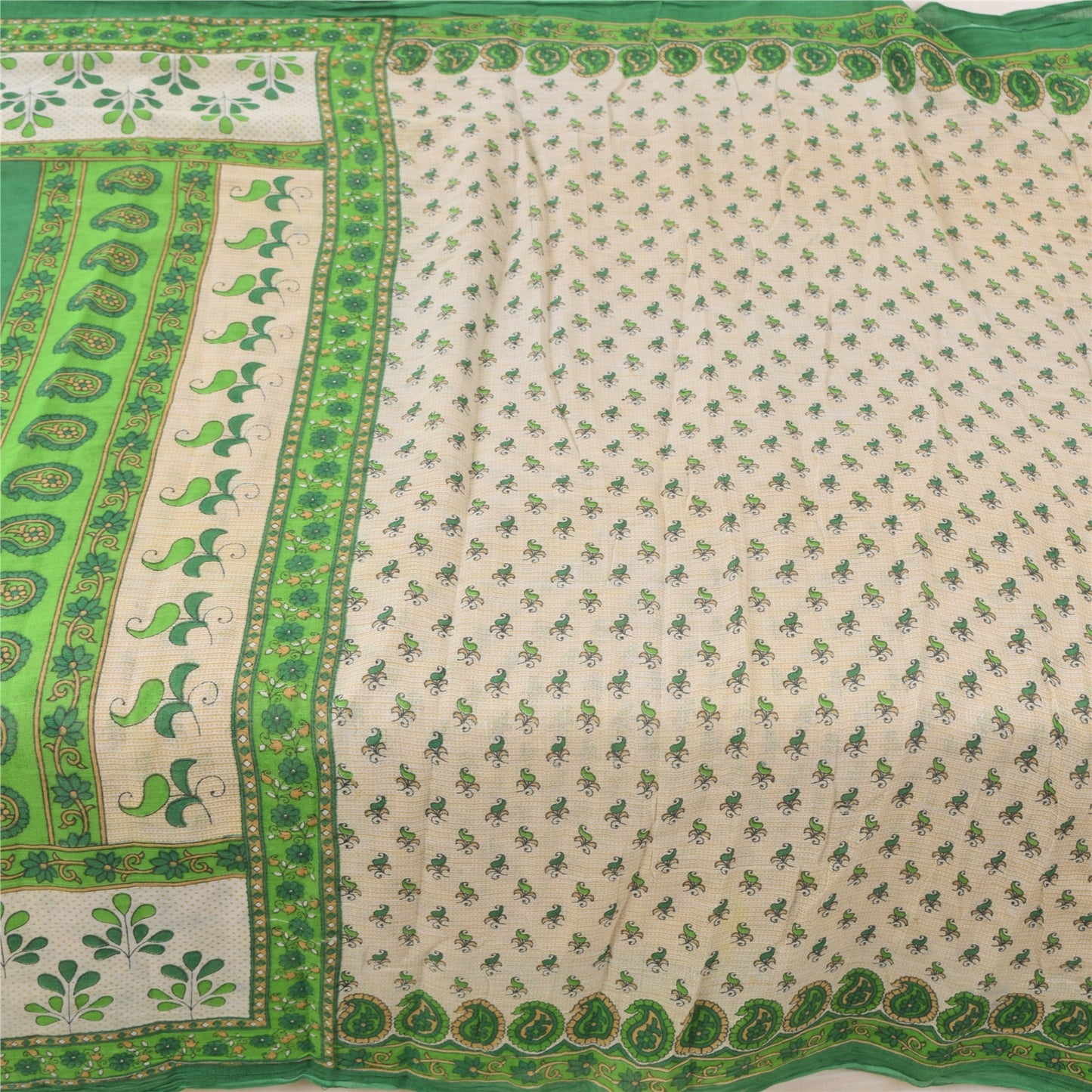 Sanskriti Vintage Sarees Ivory/Green Pure Cotton Printed Sari 5yd Craft Fabric