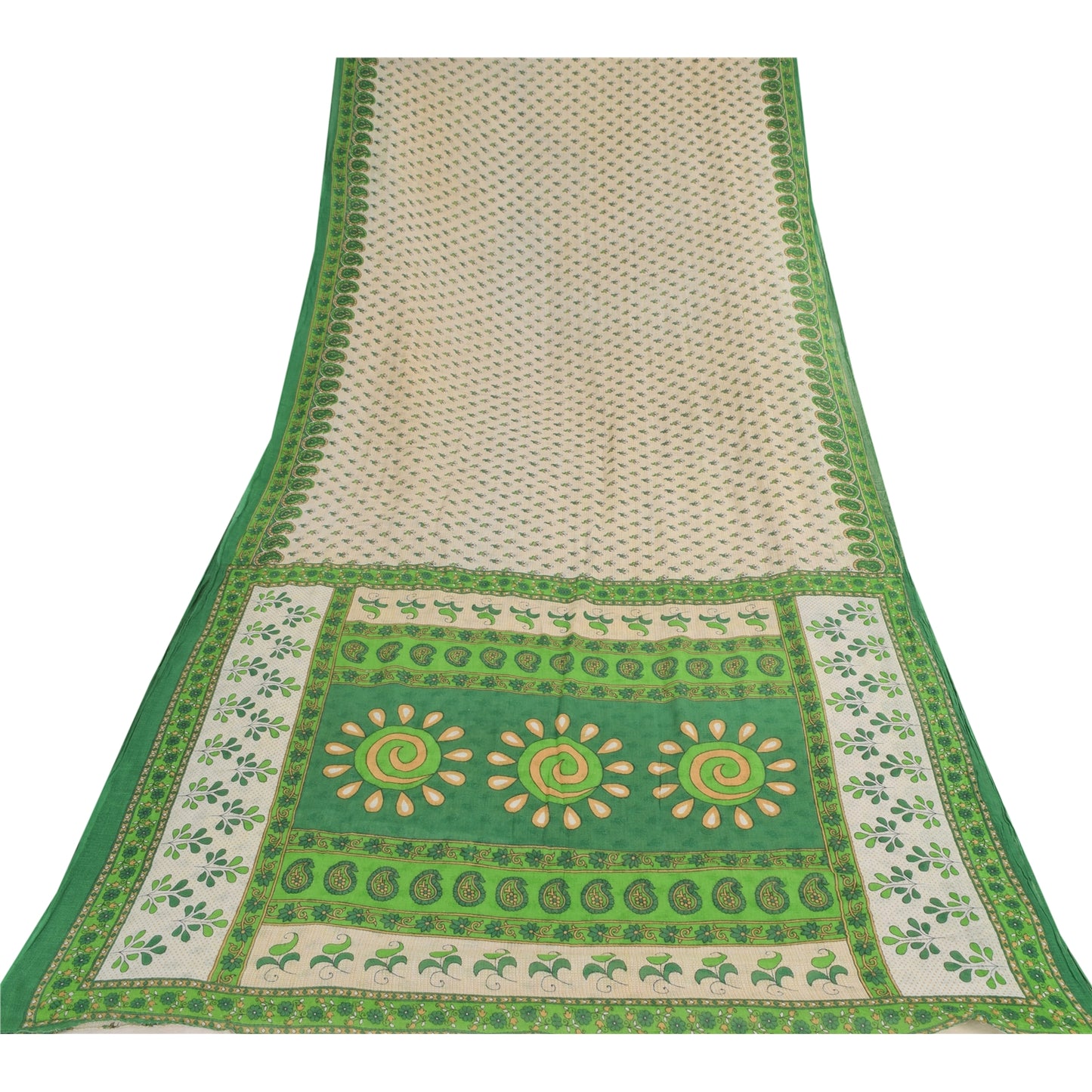 Sanskriti Vintage Sarees Ivory/Green Pure Cotton Printed Sari 5yd Craft Fabric