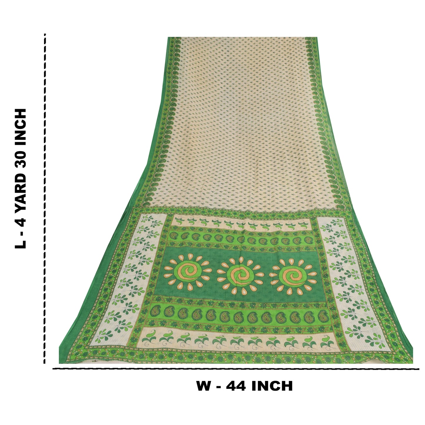 Sanskriti Vintage Sarees Ivory/Green Pure Cotton Printed Sari 5yd Craft Fabric