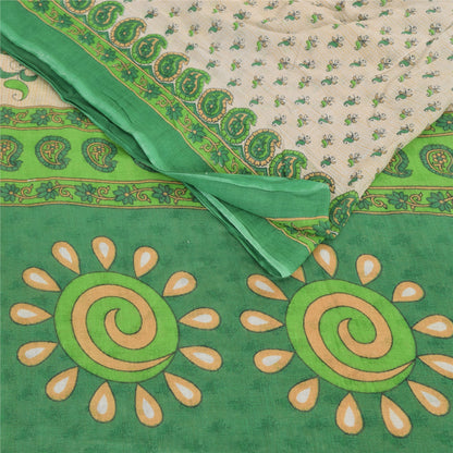 Sanskriti Vintage Sarees Ivory/Green Pure Cotton Printed Sari 5yd Craft Fabric