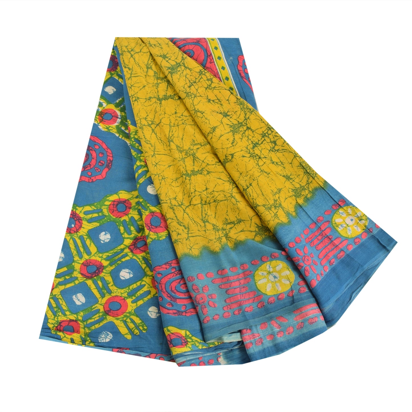 Sanskriti Vintage Sarees Yellow Batik Printed Pure Cotton Sari 5yd Craft Fabric