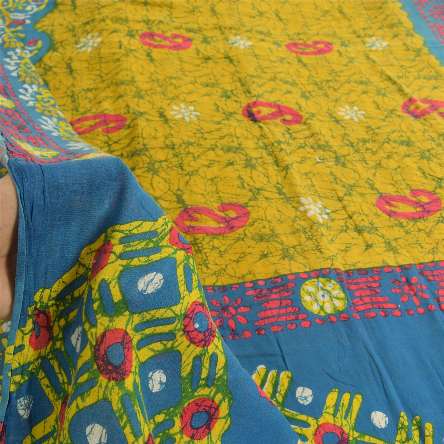 Sanskriti Vintage Sarees Yellow Batik Printed Pure Cotton Sari 5yd Craft Fabric