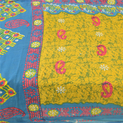 Sanskriti Vintage Sarees Yellow Batik Printed Pure Cotton Sari 5yd Craft Fabric