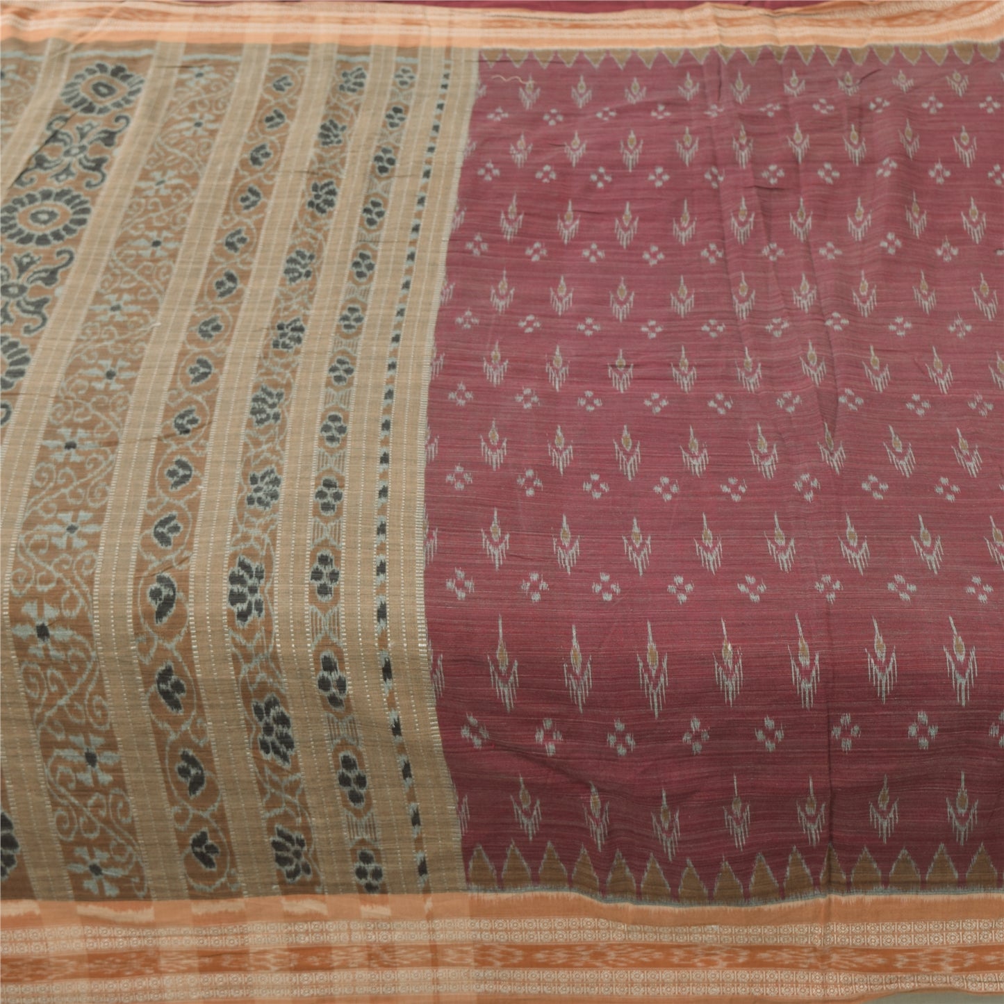 Sanskriti Vintage Sarees Red Hand Woven Ikat Pure Cotton Sari 5yd Craft Fabric