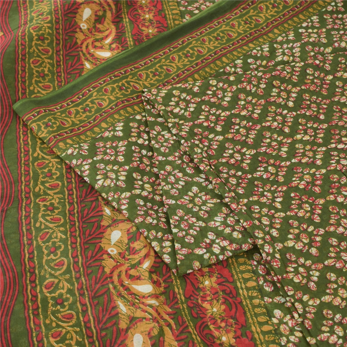 Sanskriti Vintage Sarees Indian Green Pure Cotton Printed Sari 5yd Craft Fabric