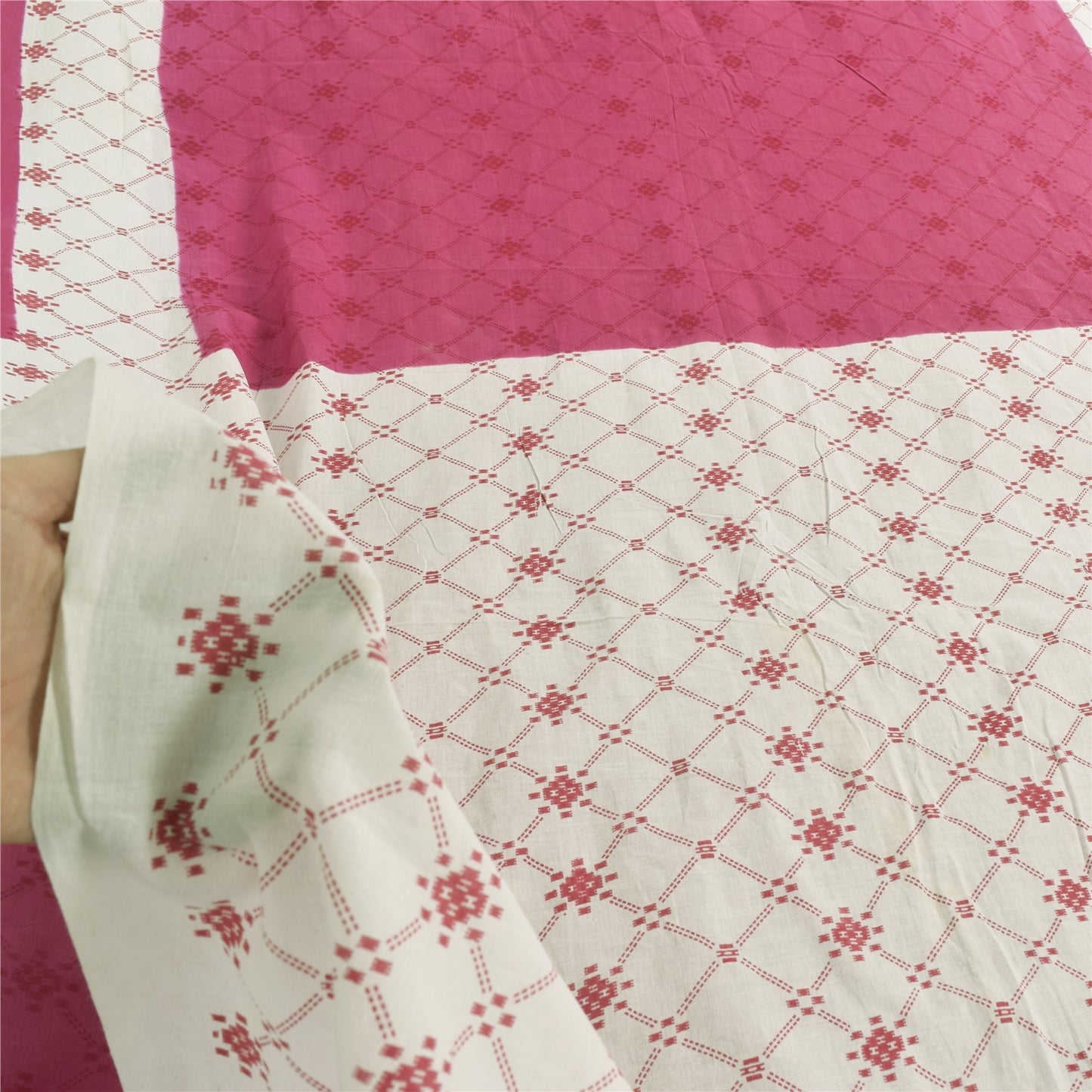 Sanskriti Vintage Sarees Pink/White Pure Cotton Printed Sari 5yd Craft Fabric