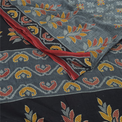 Sanskriti Vintage Sarees Grayish-Blue Pure Cotton Printed Sari 5yd Craft Fabric