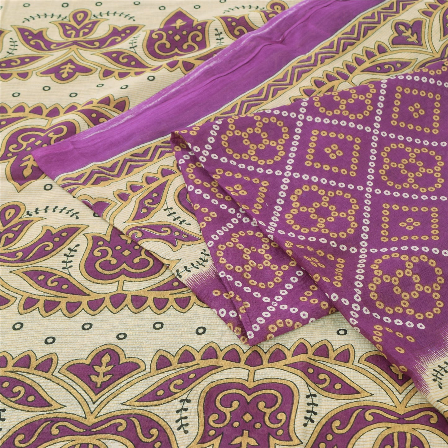 Sanskriti Vintage Sarees Purple Bandhani Print Pure Cotton Sari 5yd Craft Fabric