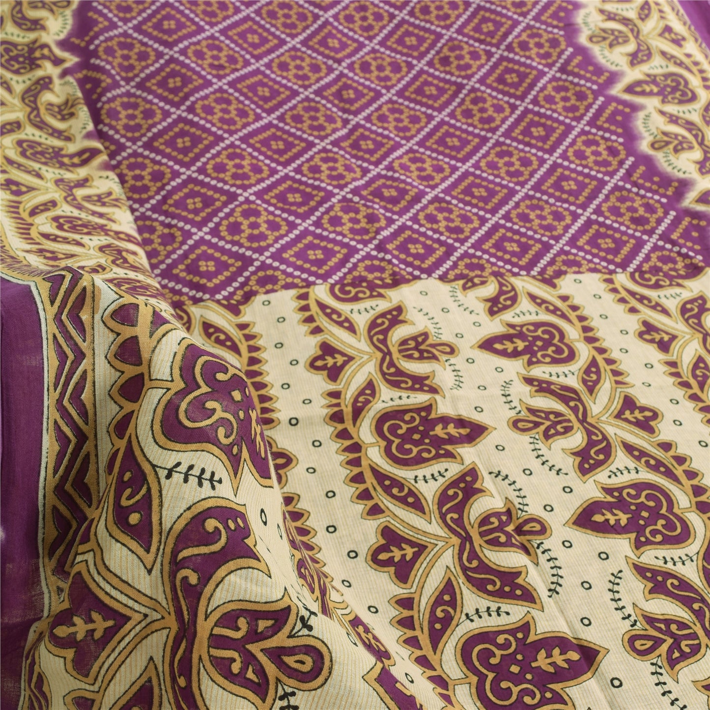 Sanskriti Vintage Sarees Purple Bandhani Print Pure Cotton Sari 5yd Craft Fabric