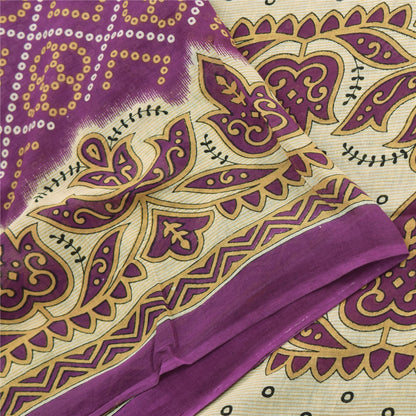 Sanskriti Vintage Sarees Purple Bandhani Print Pure Cotton Sari 5yd Craft Fabric