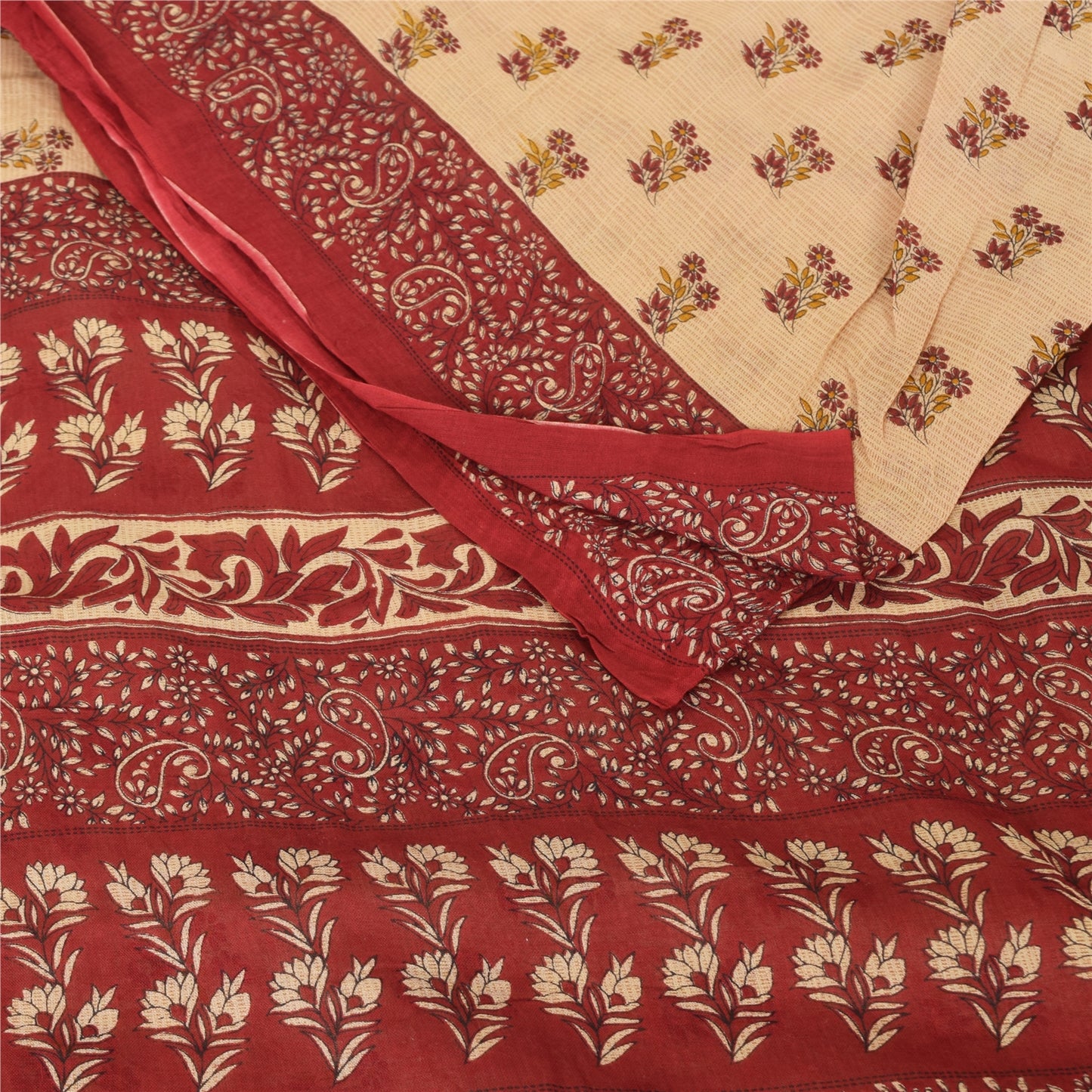 Sanskriti Vintage Sarees Peach/Red Pure Cotton Printed Sari Floral Craft Fabric