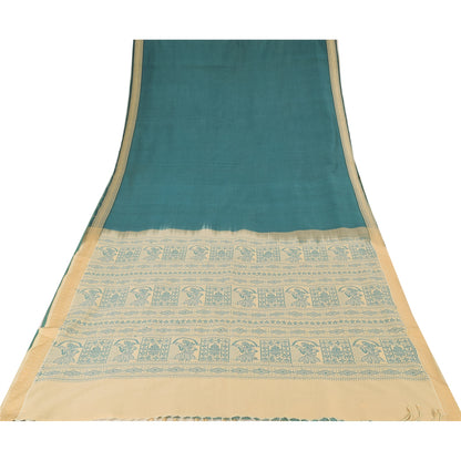 Sanskriti Vintage Sarees Green Baluchari Woven Pure Cotton Sari 5yd Craft Fabric