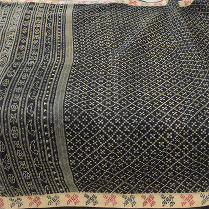 Sanskriti Vintage Sarees Black Ikat Hand Woven Pure Cotton Sari 5yd Craft Fabric