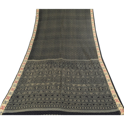 Sanskriti Vintage Sarees Black Ikat Hand Woven Pure Cotton Sari 5yd Craft Fabric