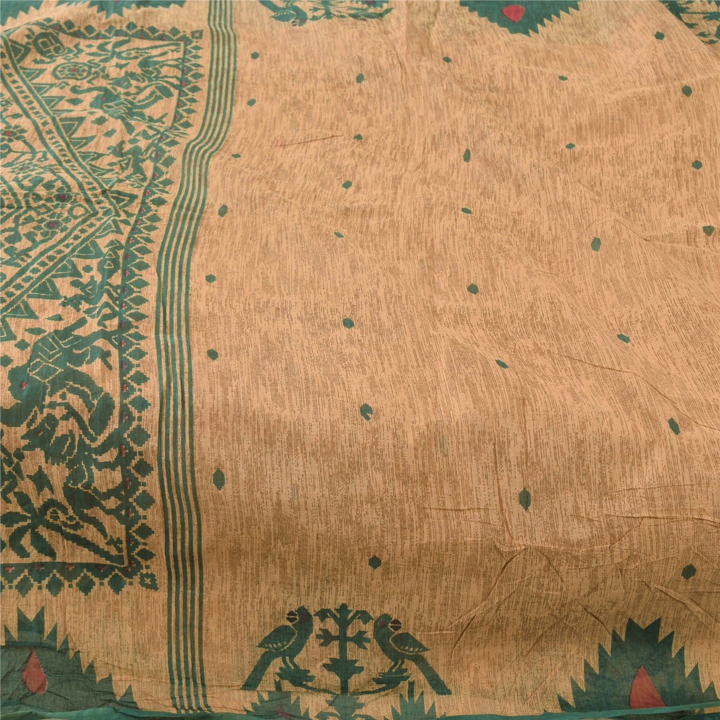 Sanskriti Vintage Sarees Peach/Green Pure Cotton Printed Sari 5yd Craft Fabric