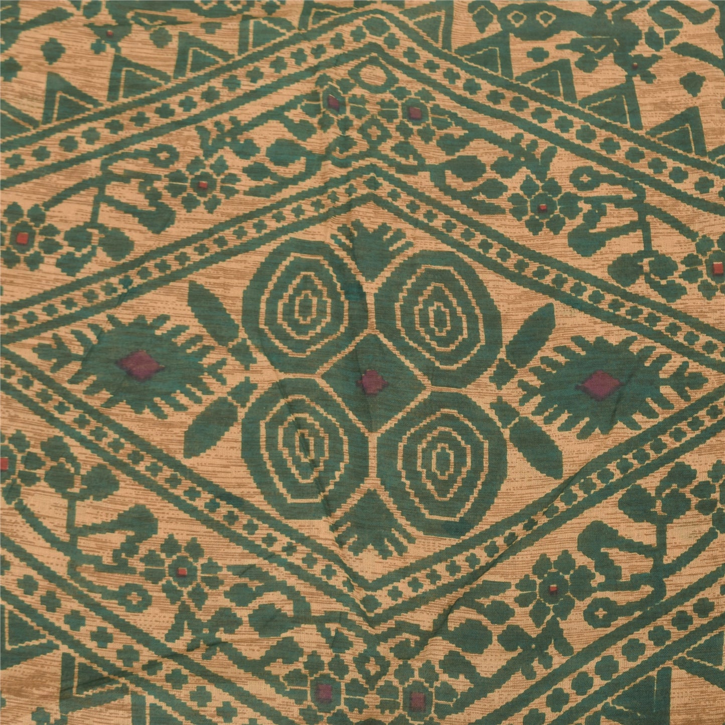 Sanskriti Vintage Sarees Peach/Green Pure Cotton Printed Sari 5yd Craft Fabric