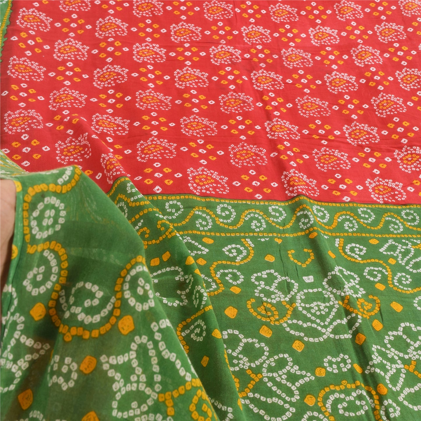 Sanskriti Vintage Sarees Red/Green Bandhani Pure Cotton Printed Sari 5yd Fabric