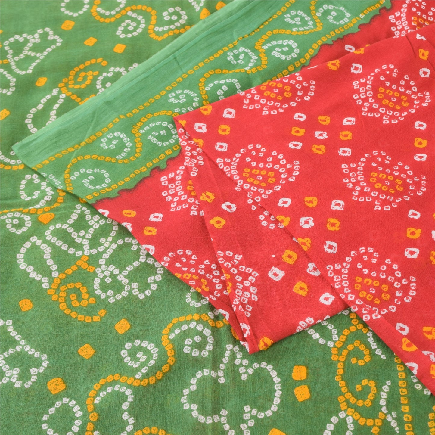 Sanskriti Vintage Sarees Red/Green Bandhani Pure Cotton Printed Sari 5yd Fabric