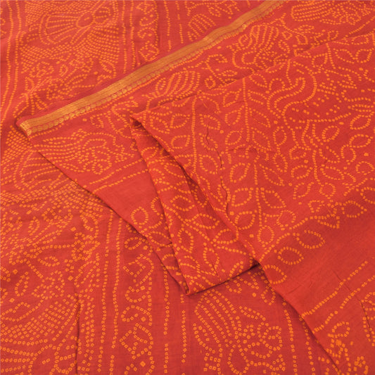 Sanskriti Vintage Sarees Orange Bandhani Print Peacock Pure Cotton Sari Fabric