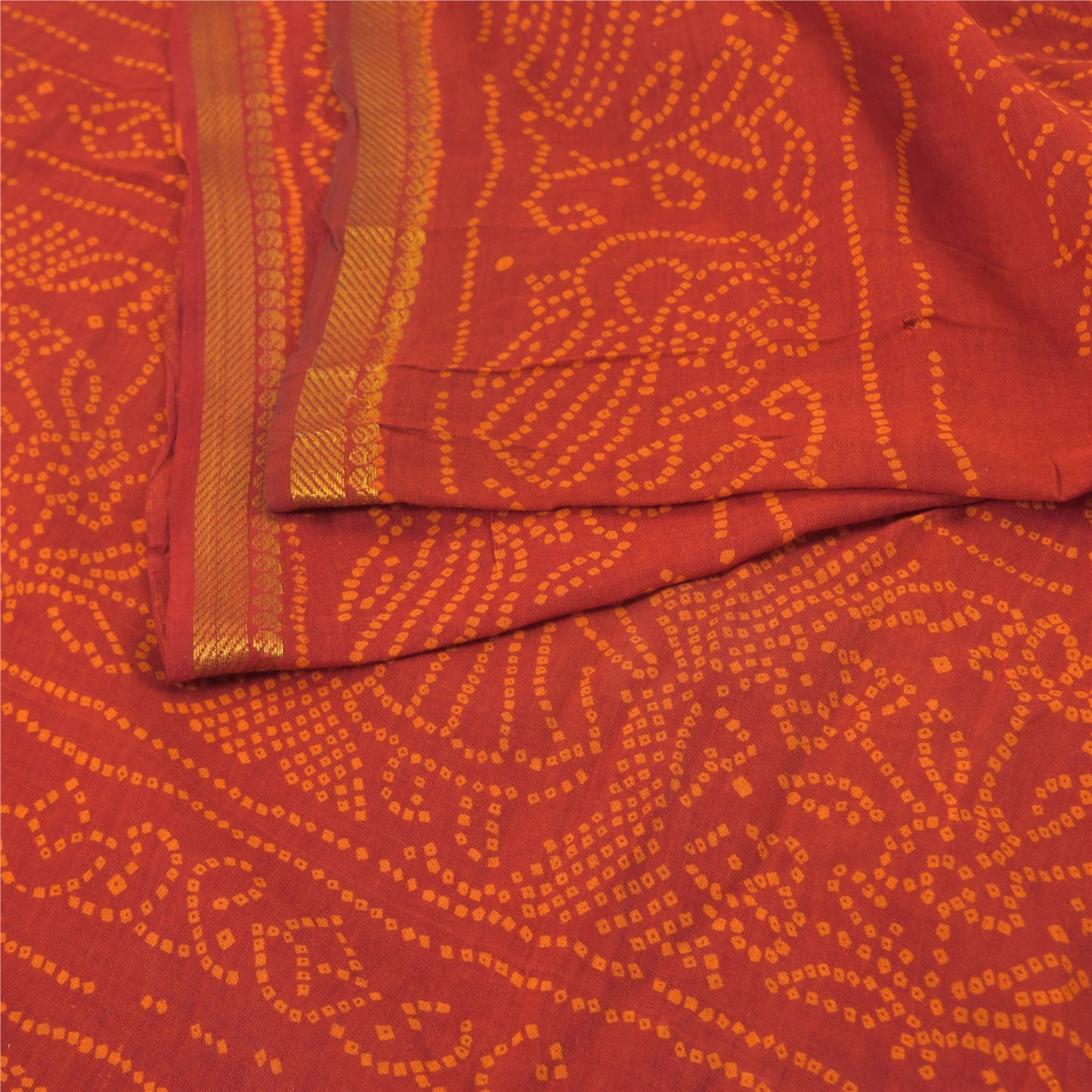 Sanskriti Vintage Sarees Orange Bandhani Print Peacock Pure Cotton Sari Fabric