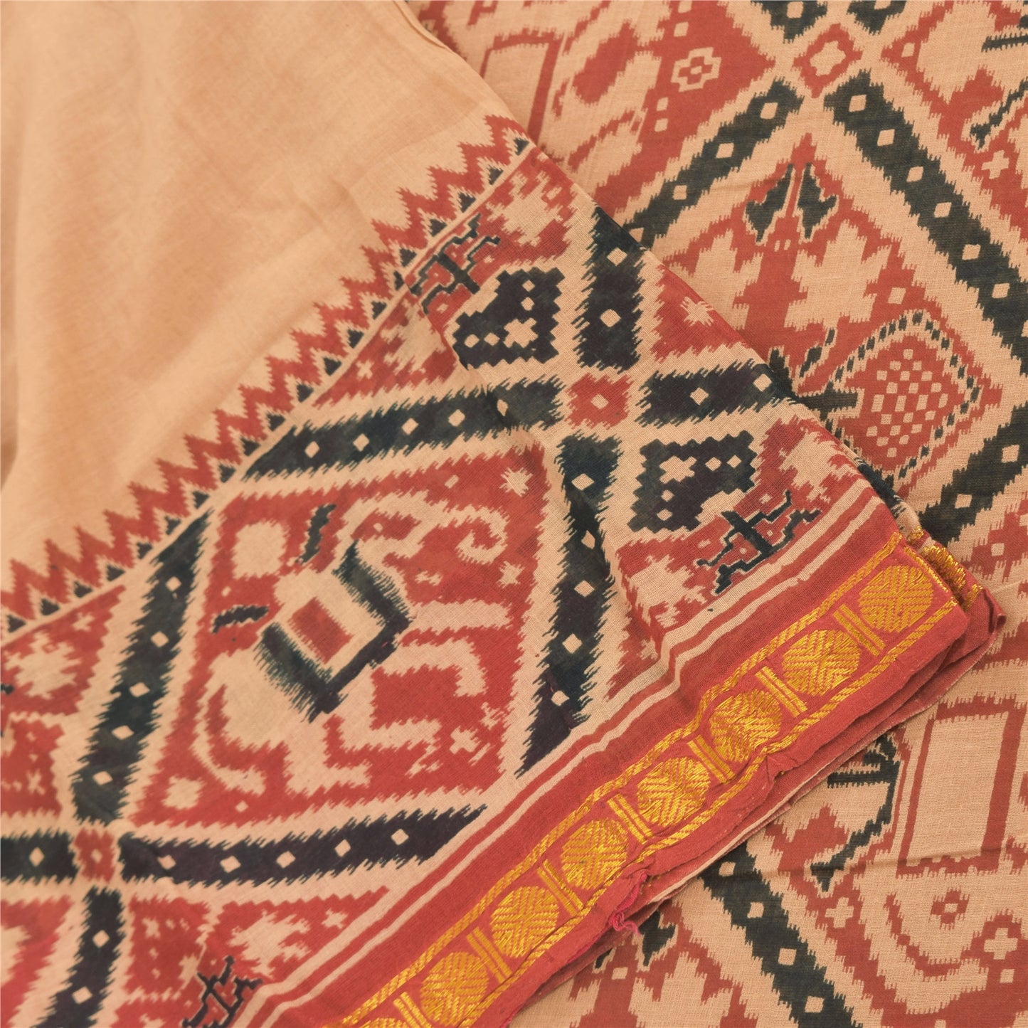 Sanskriti Vintage Sarees Peach Elephant Print Pure Cotton Sari 5yd Craft Fabric