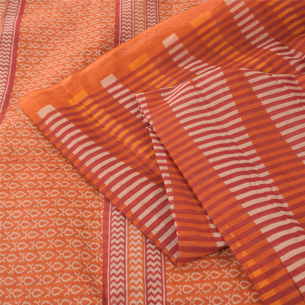 Sanskriti Vintage Sarees Indian Orange Pure Cotton Printed Sari 5yd Craft Fabric