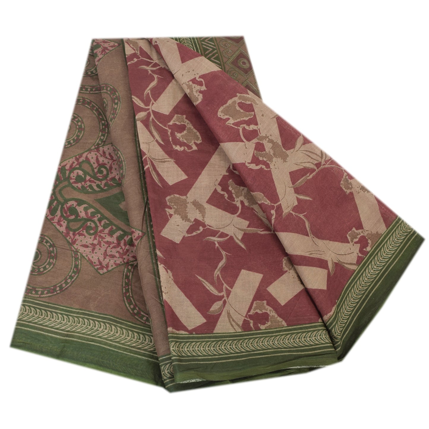 Sanskriti Vintage Sarees Dusty Red Pure Cotton Printed Sari 5yd Craft Fabric