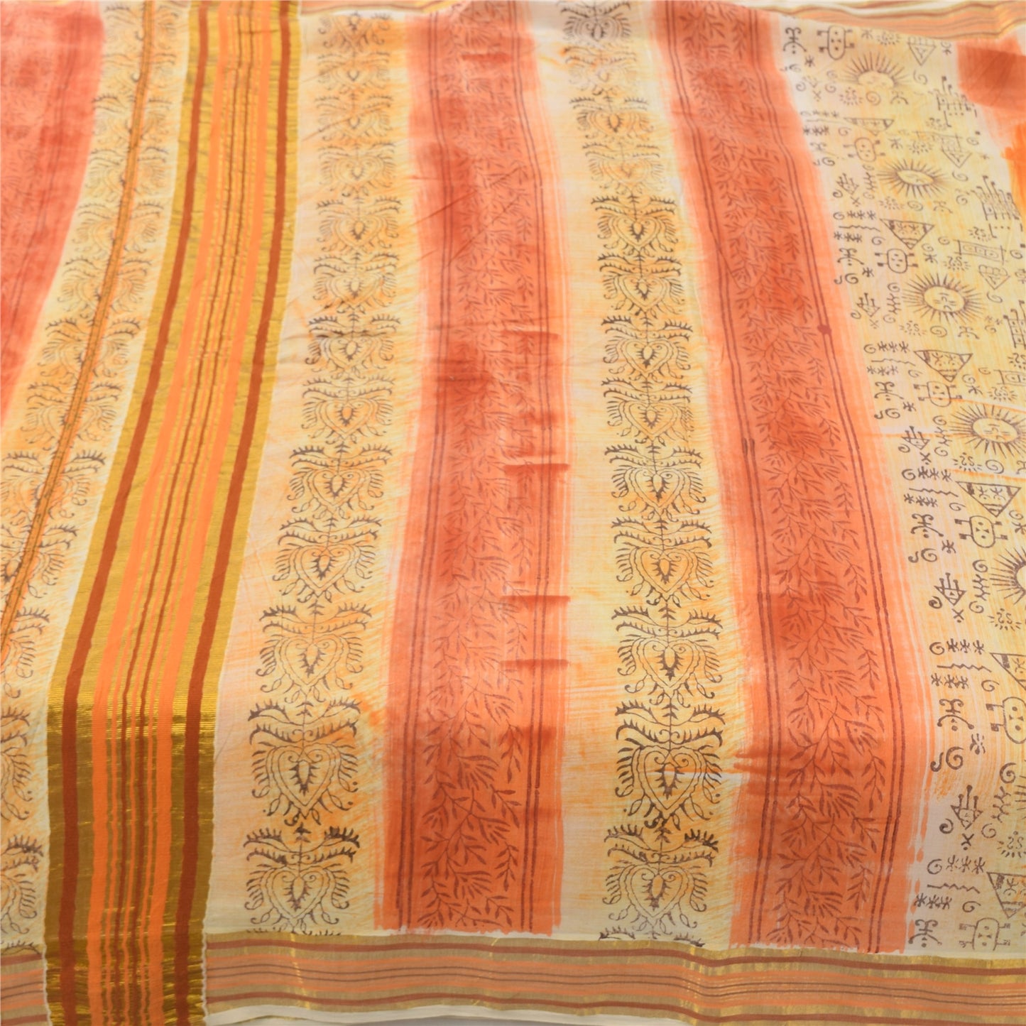 Sanskriti Vintage Sarees Cream/Orange Pure Cotton Printed Sari 5yd Craft Fabric