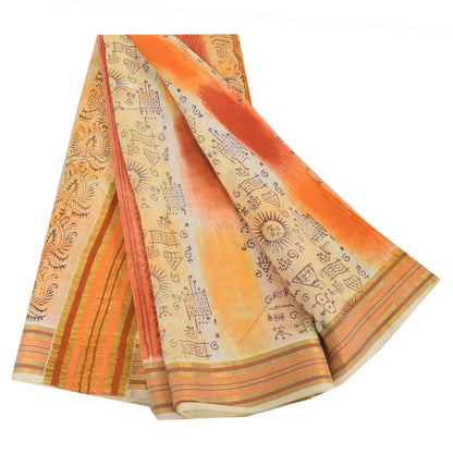 Sanskriti Vintage Sarees Cream/Orange Pure Cotton Printed Sari 5yd Craft Fabric