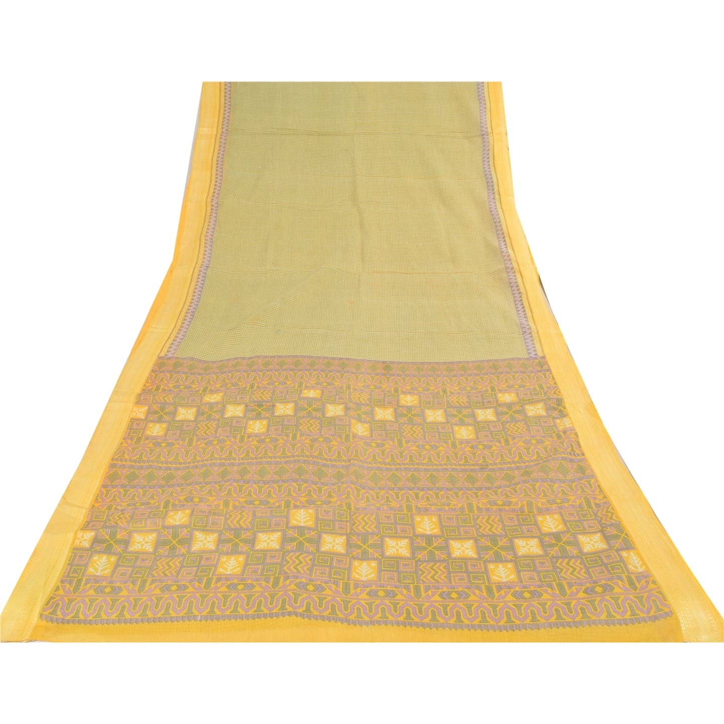 Sanskriti Vintage Sarees Indian Green Pure Cotton Printed Sari 5yd Craft Fabric