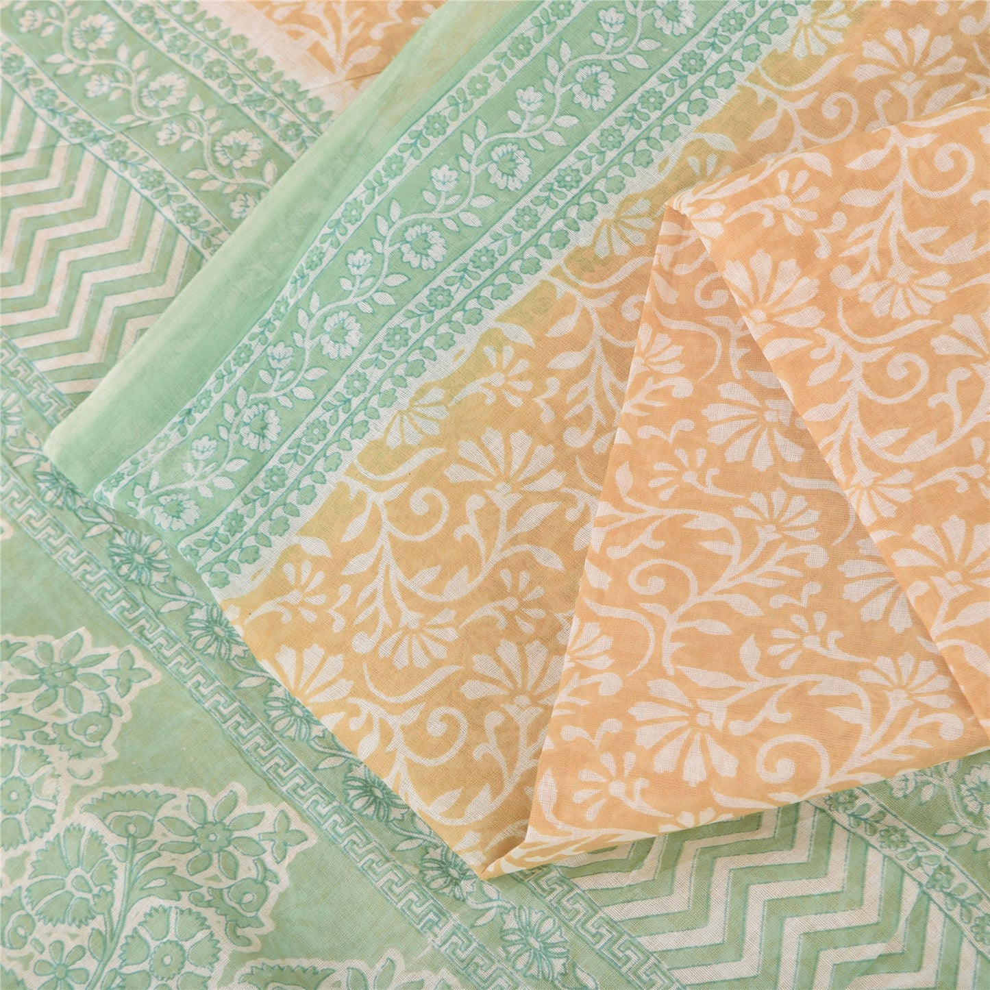 Sanskriti Vintage Sarees Peach/Green Pure Cotton Printed Sari 5yd Craft Fabric