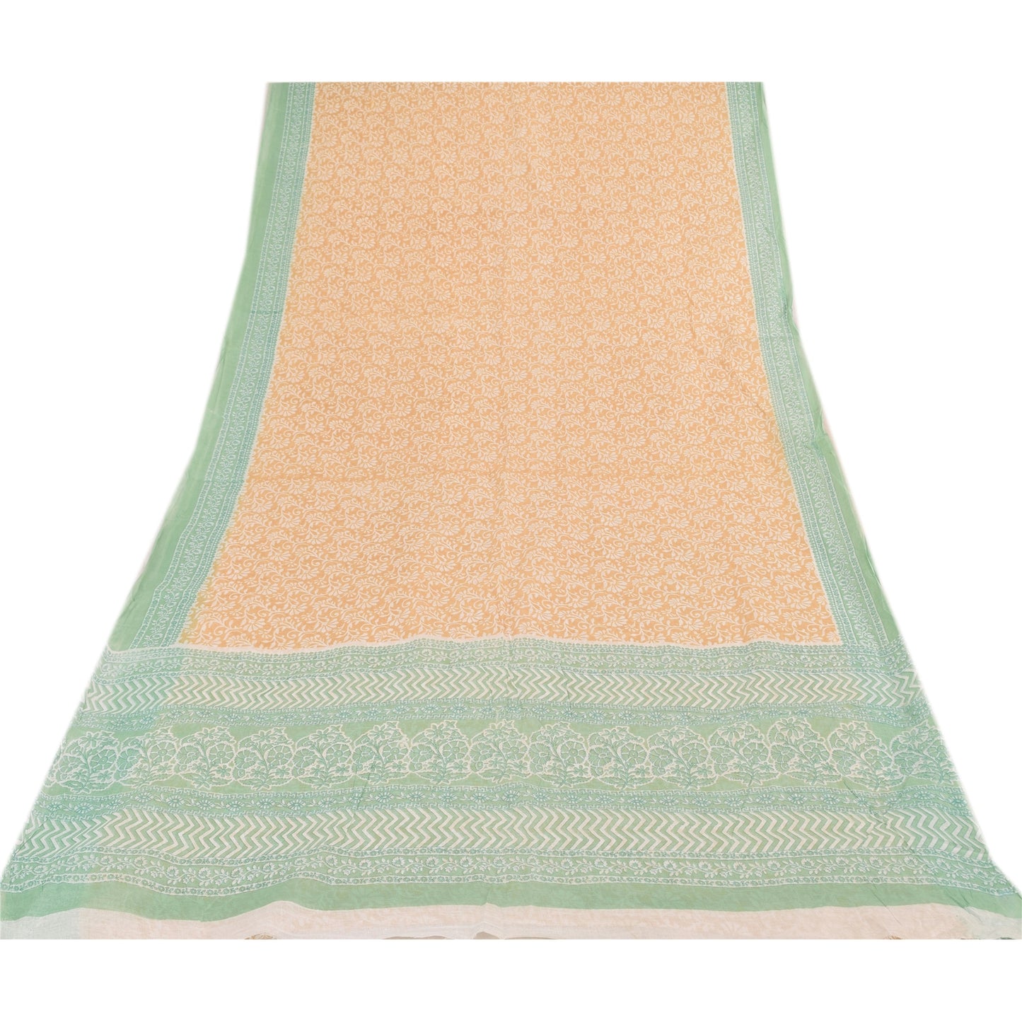 Sanskriti Vintage Sarees Peach/Green Pure Cotton Printed Sari 5yd Craft Fabric