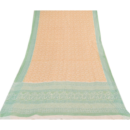 Sanskriti Vintage Sarees Peach/Green Pure Cotton Printed Sari 5yd Craft Fabric