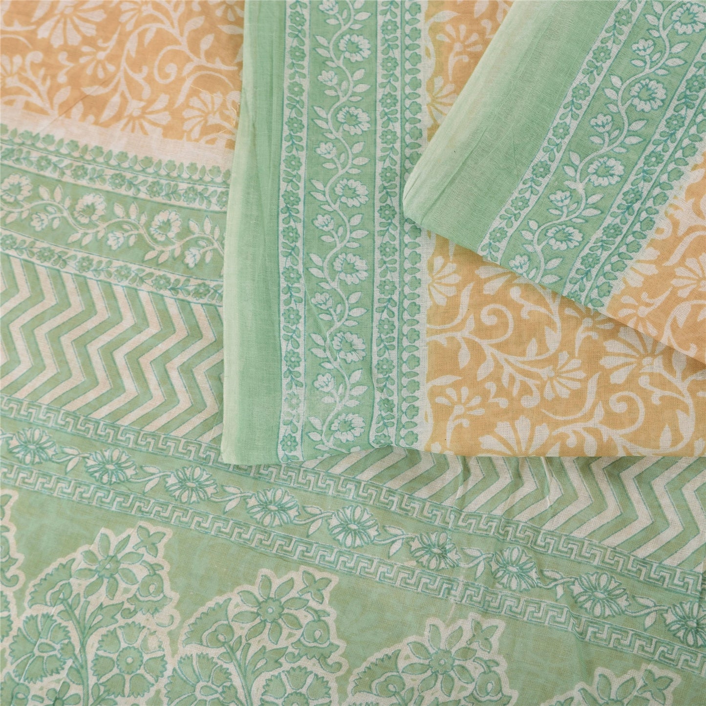 Sanskriti Vintage Sarees Peach/Green Pure Cotton Printed Sari 5yd Craft Fabric