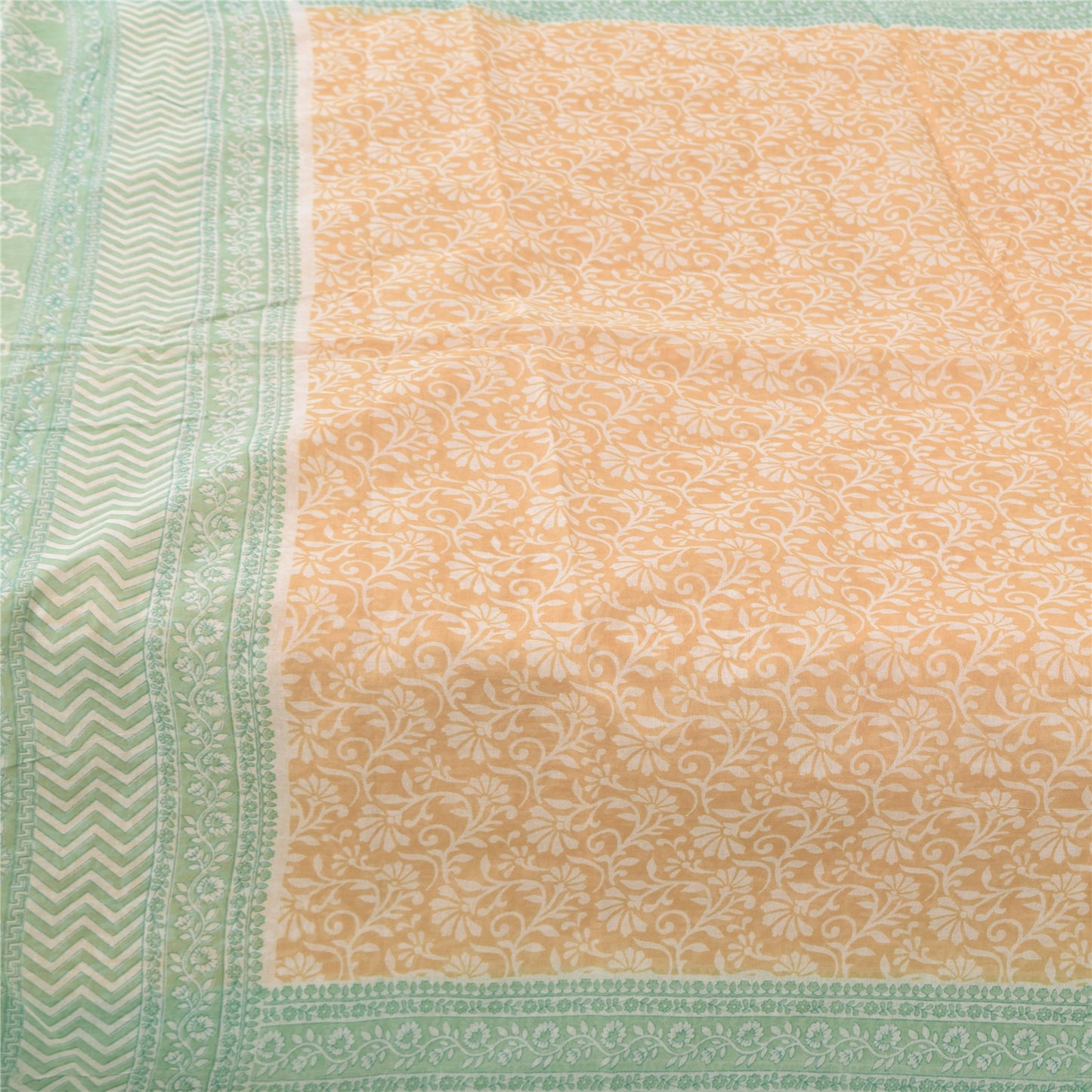 Sanskriti Vintage Sarees Peach/Green Pure Cotton Printed Sari 5yd Craft Fabric