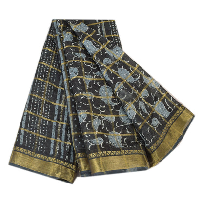 Sanskriti Vintage Sarees Black Zari Woven Pure Cotton Printed Sari Craft Fabric