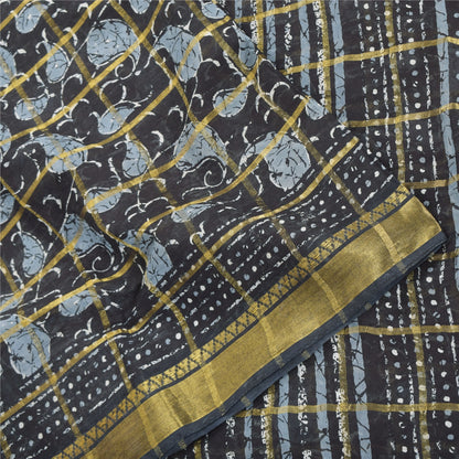 Sanskriti Vintage Sarees Black Zari Woven Pure Cotton Printed Sari Craft Fabric