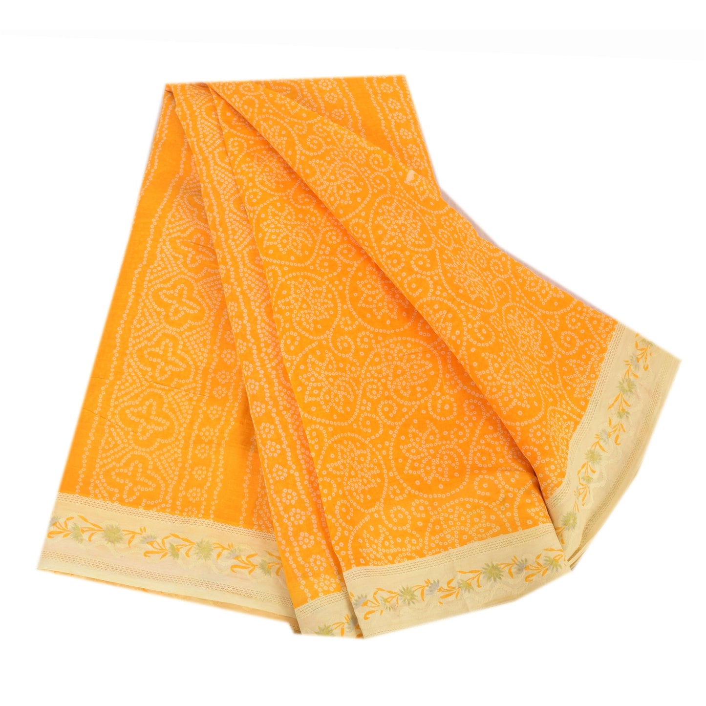 Sanskriti Vintage Sarees Yellow Bandhan Print Pure Cotton Sari 5yd Craft Fabric